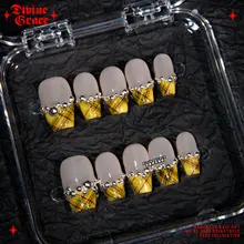 黄色チェック柄フレンチネイル【高品質・手作りネイルチップ】