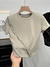 ショートスリーブ Tシャツ 女性 夏季 ファッション ビーズ 細見え ハイウエスト クロップド