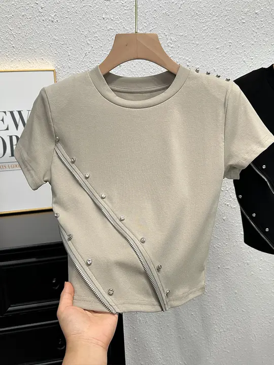 ショートスリーブ Tシャツ 女性 夏季 ファッション ビーズ 細見え ハイウエスト クロップド