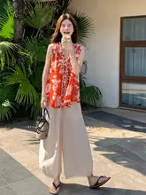 夏用レディースプリントノースリーブトップス＆ワイドパンツ【リゾートスタイル・体型カバー】（セットアップ対応）