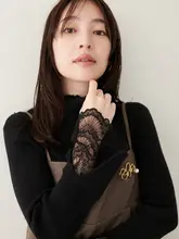 レース切り替えハイネック長袖ニットトップス【秋冬・女性用・甘美・ベーシック】