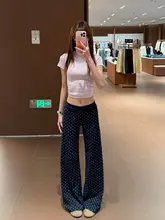 高身長向けのデザイン感あふれるドット柄フレアパンツ【ハイウエスト・体型カバー・カジュアル】