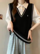 夏用ルーズフィット学院風デザインシャツベスト【短袖・上半身カバー・女性用】（セットアップ対応）