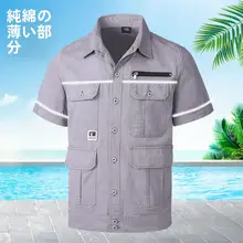 夏用薄手コットン半袖作業服【耐熱・耐摩耗・反射ストライプ・多ポケット】