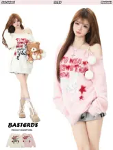 小犬柄デザインの斜め肩ニットパーカー【秋冬用・極上の柔らかさ・レディース】