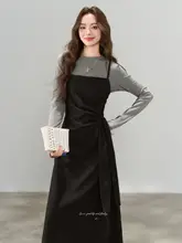 フランス風レトロウエストシャンブレーキャミソールワンピース【夏用・長袖・高級感】（セットアップ対応）