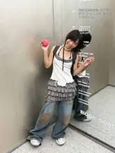 ヴィンテージ風 ワイドパンツ【アメリカンスタイル・ダメージ加工・イエロー・ルーズフィット】（セットアップ対応）