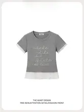 レース付きデザインの刺繍Tシャツ【女性用・半袖・フィットタイプ・韓国風・ショート丈】（セットアップ対応）