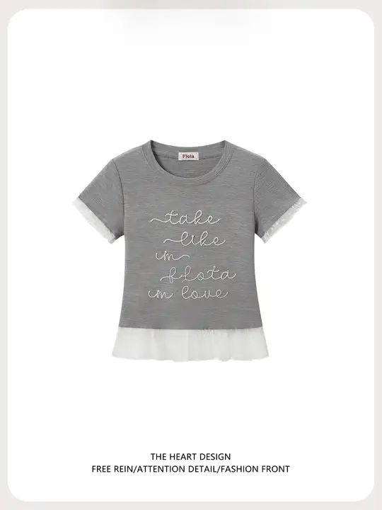 レース付きデザインの刺繍Tシャツ【女性用・半袖・フィットタイプ・韓国風・ショート丈】（セットアップ対応）