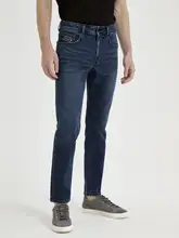 シンプルデザインのデニムパンツ【春秋用・ストレートフィット・防皺・耐磨】