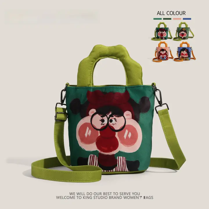 かわいくてユニークなイラストの帆布バッグ【バケット型・カートゥーンデザイン・ショルダーバッグ】