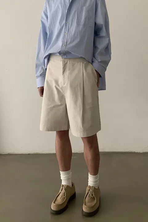 夏用アメリカンレトロスタイルのダブルプリーツショートパンツ【男女兼用・フィット・カジュアル】