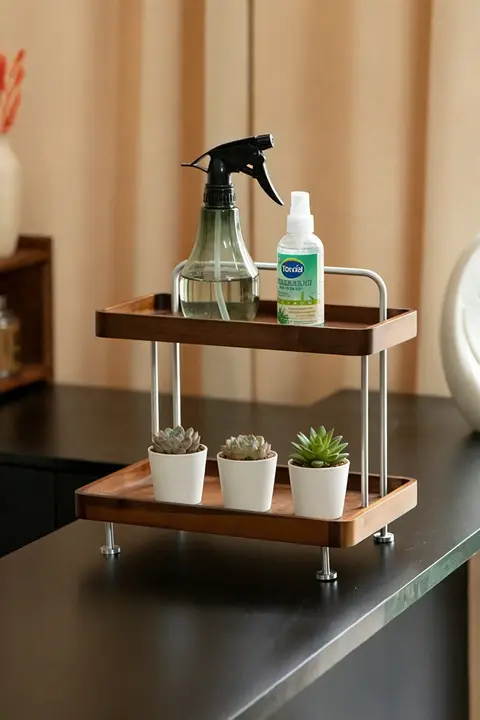 ウォールナット製 ミニ観葉植物ラック【デスクトップ用・グリーン・サボテン収納】