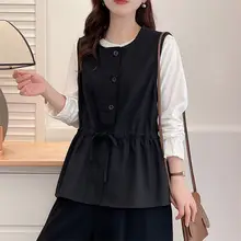 エレガントなデザインのラウンドネックノースリーブトップス【ウエ スト絞り・大きいサイズ・秋用】（セットアップ対応）