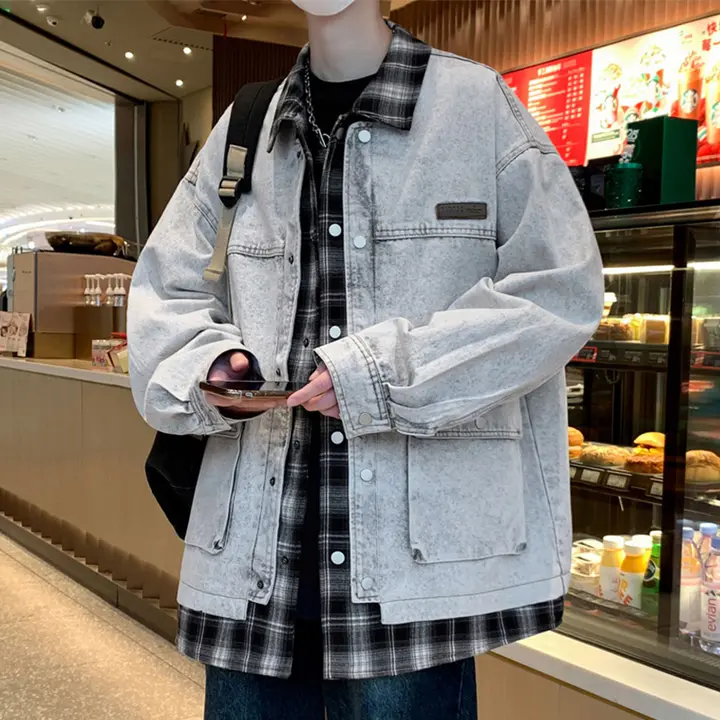 チェック柄デザインのメンズデニムジャケット【春秋用・シャツ型・トレンドスタイル】（セットアップ対応）