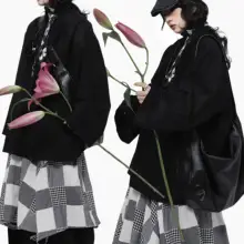 スカート レディース コットンリネン 黒白チェック柄 パッチワーク Aライン ミディ丈 ヴィンテージ 春