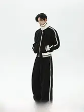 デザイン感あるジッパーカラーコンビネーション立襟ジャケット【男性用・ルーズストレートパンツ・カジュアルスタイル】（セットアップ対応）