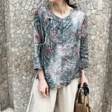 大きいサイズのレトロ民族風プリント長袖シャツ【コットンリネン混・春夏用・和風デザイン】（セットアップ対応）