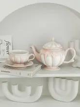 浮彫りデザインの陶器ティーポットセット【欧風・アフタヌーンティー・コーヒーカップと皿付き】