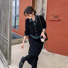 黒デニムとコーデュロイのコンビネーションスカート【春秋用・ハイエンドデザイン・タイトシルエット】（セットアップ対応）