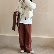 ウエストゴムの裏起毛カジュアルパンツ【秋冬用・ハイウエスト・ストレート・ワイドレッグ】