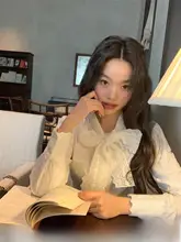レースデザインのバンドカラー長袖シャツ【春用・女性・フランス風】