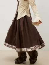 コーヒー色のスエード風プリーツスカート【ゆったりシルエット・レトロ風・秋冬用】