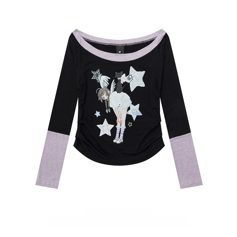 アニメ風 デザインのオフショルダー長袖Tシャツ【春用・ショート丈・女性用】