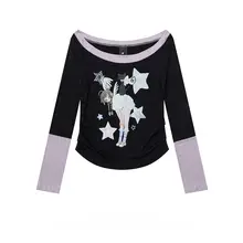アニメ風 デザインのオフショルダー長袖Tシャツ【春用・ショート丈・女性用】