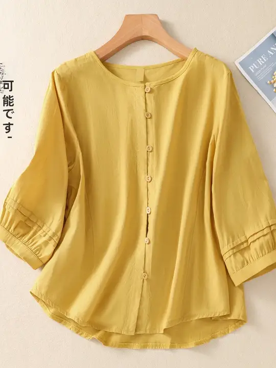 オーガニックコットンリネン製 九分袖シャツ【女性用・フィット・ラウンドネック・シンプルデザイン】