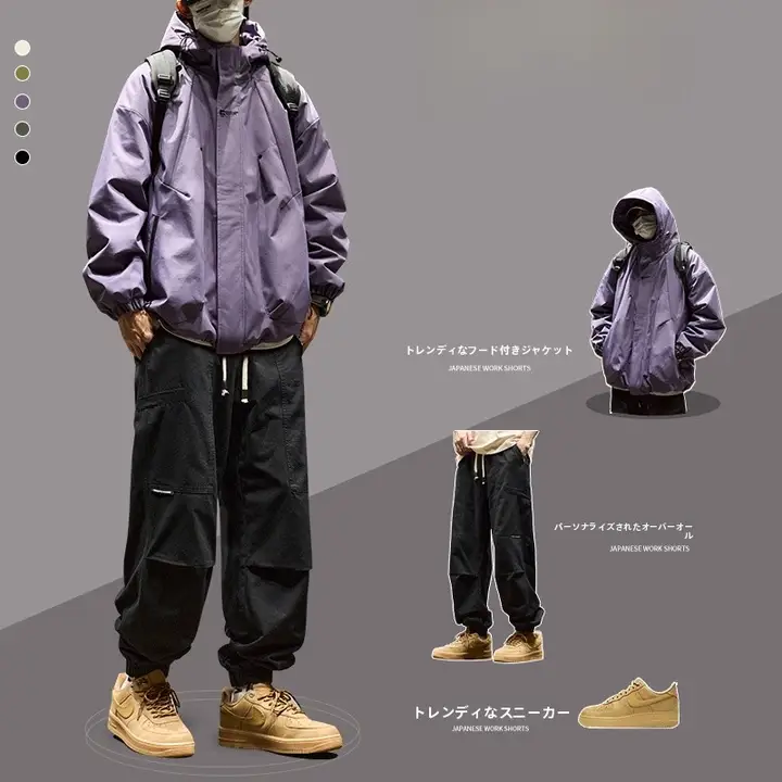 メンズ春秋用カジュアルフード付きアウター【ストリートスタイル・工装パンツ付き】（セットアップ対応）