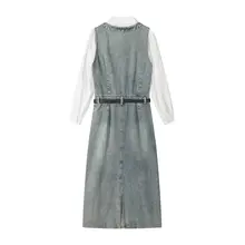 レトロなウエストシェイプデニムスカートとゆったりシャツ【春秋用・女性用・おしゃれ】（セットアップ対応）