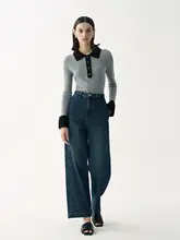 高腰でスリムなブルーデニムパンツ【ストレート・ワイドレッグ・春用】