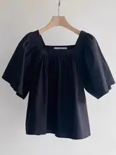 皺プリーツデザインのゆったりシフォンシャツ【夏用・フレンチスタイル・ショートスリーブ】