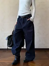アメリカンスタイルのヴィンテージ風ウォッシュ加工ストレート工装パンツ【高街ファッション・ゆったりシルエット・女性用】
