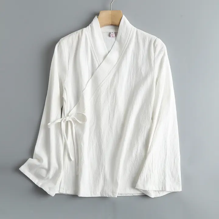 オリジナルデザインのコットン製ロングスリーブ着物風ブラウス【春夏用・交差デザイン・日常着】