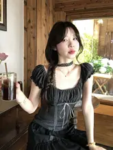 可愛いデザインの黒ドットバブルスリーブブラウス【フリル装飾・Aラインスカート】（セットアップ対応）