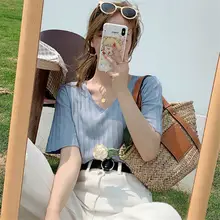 夏用 薄手のアイスシルクTシャツ【ストライプ・Vネック・ゆったりサイズ】
