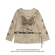 春季のスタイル！バタフライプリントのロ ングスリーブTシャツ【ルーズフィット・ウエストベルト付き】（セットアップ対応）