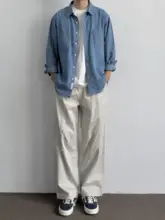 アメリカンビンテージウォッシュ加工のストレート工装パンツ【多ポケット・ゆったり・フィット・ウエストゴム】（セットアップ対応）