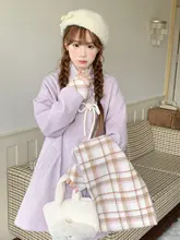 甘いチェック柄のリボン付きウールコート【チェックスカーフ付き】（セットアップ対応）