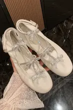 水晶のリボン付きフラットバレエシューズ【女性用・マリージェーンスタイル・重工デザイン】