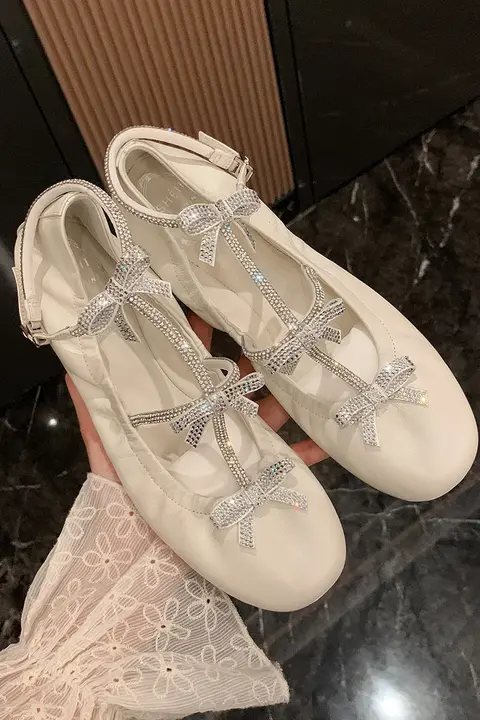 水晶のリボン付きフラットバレエシューズ【女性用・マリージェーンスタイル・重工デザイン】