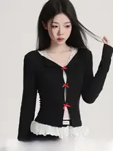 レディース 長袖ニットTシャツ【黒・レースデザイン・フィット感・春秋用】