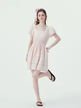 フレンチスタイルの方形ネック 半袖シフォンワンピース【ウエストマーク・短丈・夏用】（セットアップ対応）