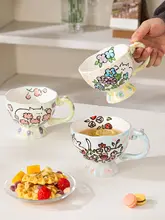 花柄の陶器マグカップ【可愛い猫デザイン・女性用・朝食・コーヒー・ギフト用】