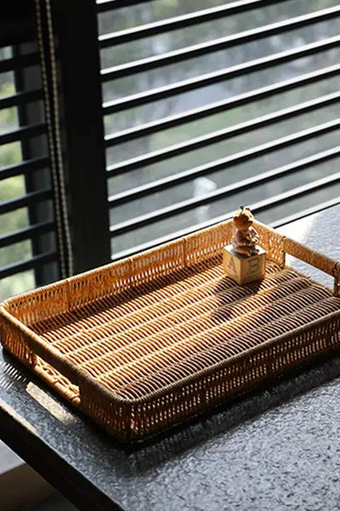 北欧風 長方形トレー【ラタン風・収納バスケット・果物やお茶用】