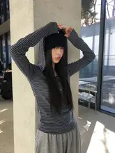 フード付きストライプ長袖Tシャツ【秋用・レディース・スリムフィット・韓国風】