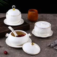 欧風金縁陶器スープボウル【蓋付き・デザート用・蒸し料理用】