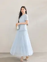エレガントなスカラップレース刺繍の短袖ブラウスとチュールスカート【上品なブルー・大きいサイズ・セットアップ対応】